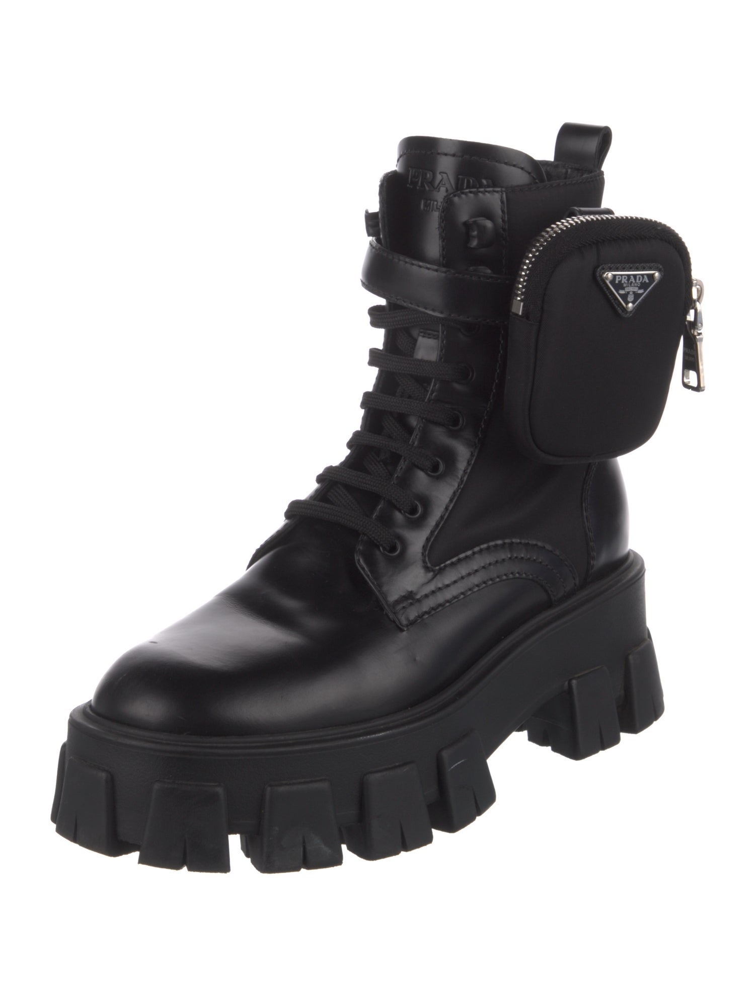 Prada Enameled Metal Triangle Leather Combat Boots